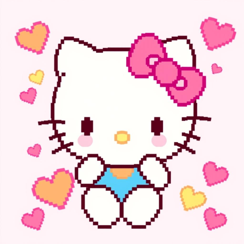 A vibrant pixel art representation of Hello Kitty, featuring her iconic bow, whiskers, and signature style