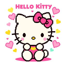 A vibrant pixel art representation of Hello Kitty, featuring her iconic bow, whiskers, and signature style