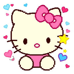 A vibrant pixel art representation of Hello Kitty, featuring her iconic bow, whiskers, and signature style