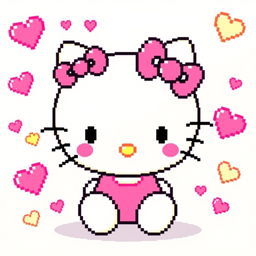 A vibrant pixel art representation of Hello Kitty, featuring her iconic bow, whiskers, and signature style