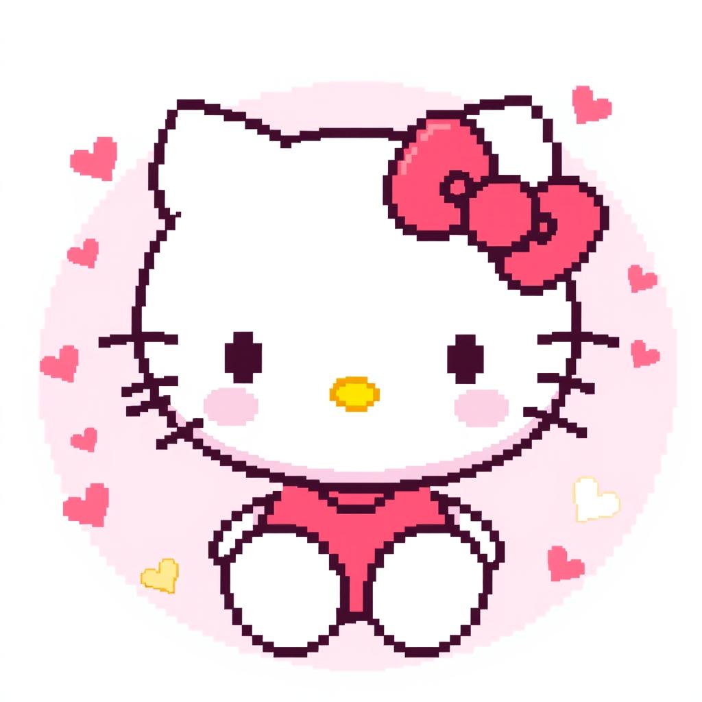 A charming pixel art depiction of Hello Kitty, showcasing her iconic features such as the red bow, cute facial expression, and signature simple outfit