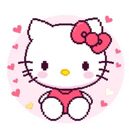 A charming pixel art depiction of Hello Kitty, showcasing her iconic features such as the red bow, cute facial expression, and signature simple outfit