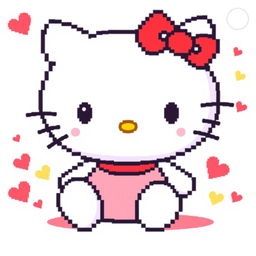 A charming pixel art depiction of Hello Kitty, showcasing her iconic features such as the red bow, cute facial expression, and signature simple outfit