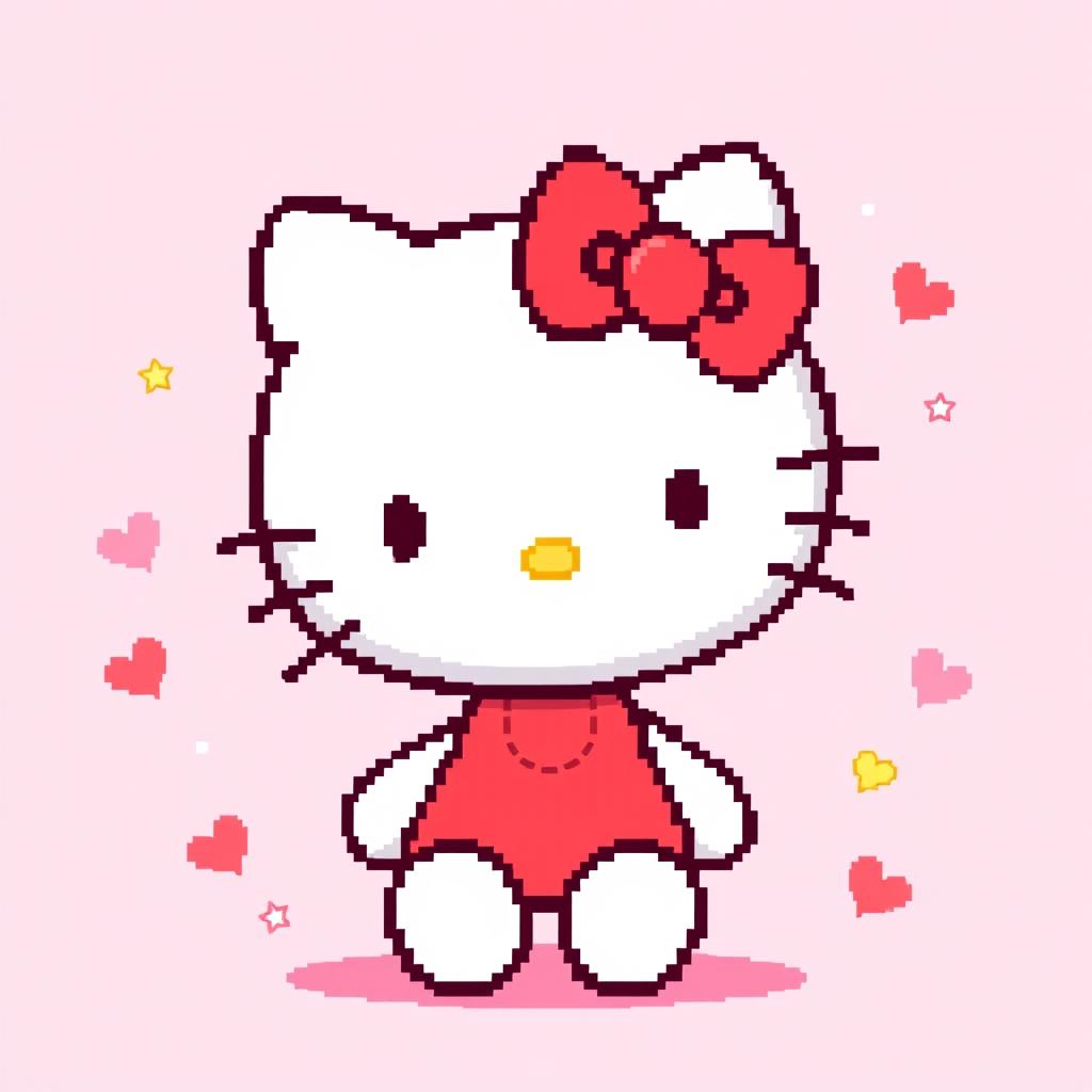 A charming pixel art depiction of Hello Kitty, showcasing her iconic features such as the red bow, cute facial expression, and signature simple outfit