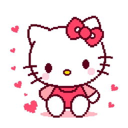 A charming pixel art depiction of Hello Kitty, showcasing her iconic features such as the red bow, cute facial expression, and signature simple outfit