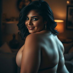 A dramatic and sensual portrait of a curvy woman with an emphasis on her voluptuous body