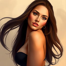 A semi-realistic digital painting of a beautiful, curvy woman with an elegant pose, showcasing her confidence