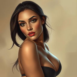 A semi-realistic digital painting of a beautiful, curvy woman with an elegant pose, showcasing her confidence