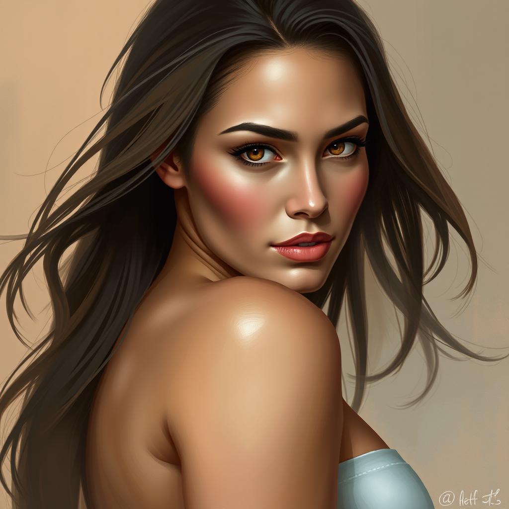 A semi-realistic digital painting of a beautiful, curvy woman with an elegant pose, showcasing her confidence