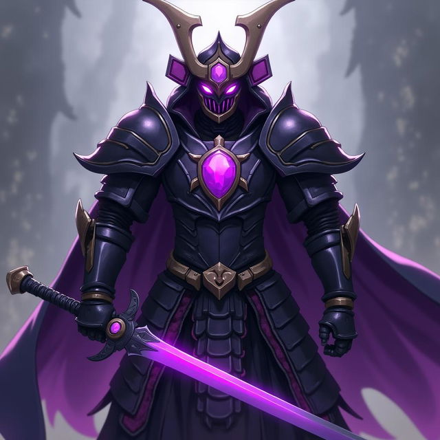 An intimidating anime warrior featuring unique wooden joints, encased in full-plate-metal black samurai armor embellished with vibrant purple highlights