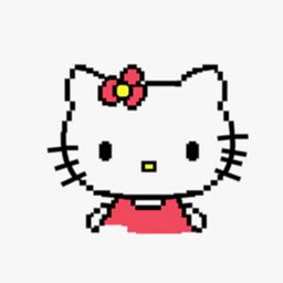 A basic pixel art representation of Hello Kitty, focusing on her core features such as the iconic red bow, simple facial expression with black eyes and whiskers, and minimalistic clothing