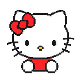 A basic pixel art representation of Hello Kitty, focusing on her core features such as the iconic red bow, simple facial expression with black eyes and whiskers, and minimalistic clothing