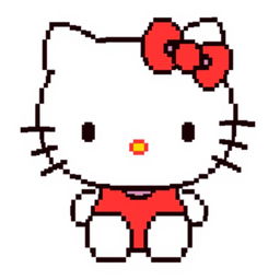 A basic pixel art representation of Hello Kitty, focusing on her core features such as the iconic red bow, simple facial expression with black eyes and whiskers, and minimalistic clothing