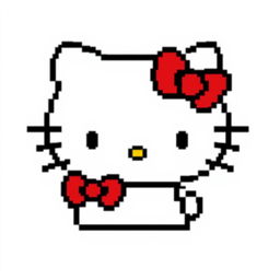 A basic pixel art representation of Hello Kitty, focusing on her core features such as the iconic red bow, simple facial expression with black eyes and whiskers, and minimalistic clothing