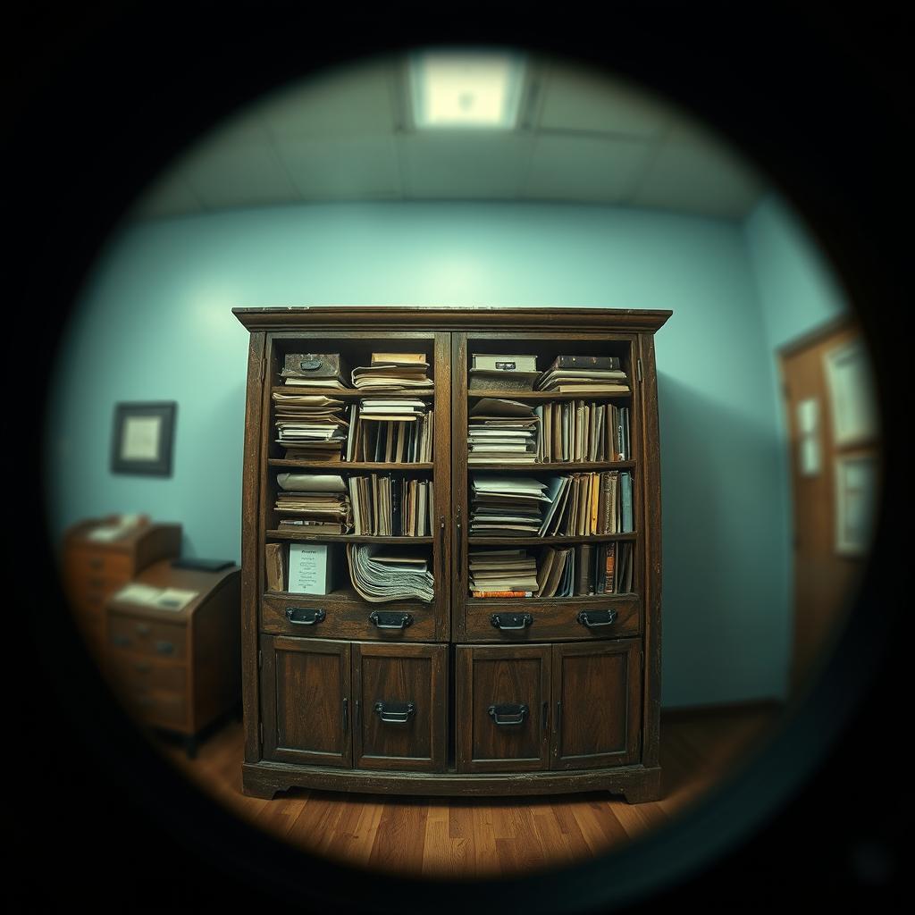 A movie poster designed as if viewed through the lens of binoculars, showcasing a large cabinet filled with assorted files and folders