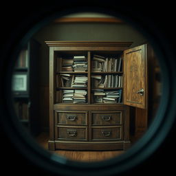 A movie poster designed as if viewed through the lens of binoculars, showcasing a large cabinet filled with assorted files and folders