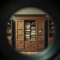 A movie poster designed as if viewed through the lens of binoculars, showcasing a large cabinet filled with assorted files and folders