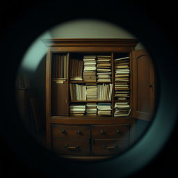 A movie poster designed as if viewed through the lens of binoculars, showcasing a large cabinet filled with assorted files and folders