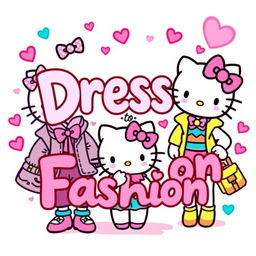 A colorful and playful illustration featuring Hello Kitty, styled in fashionable outfits, showcasing various trendy looks