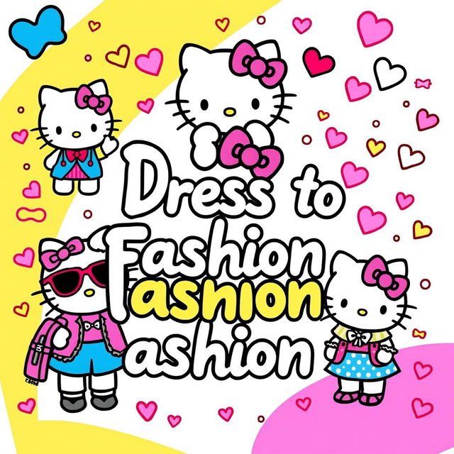 A colorful and playful illustration featuring Hello Kitty, styled in fashionable outfits, showcasing various trendy looks