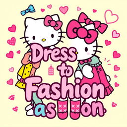 A colorful and playful illustration featuring Hello Kitty, styled in fashionable outfits, showcasing various trendy looks