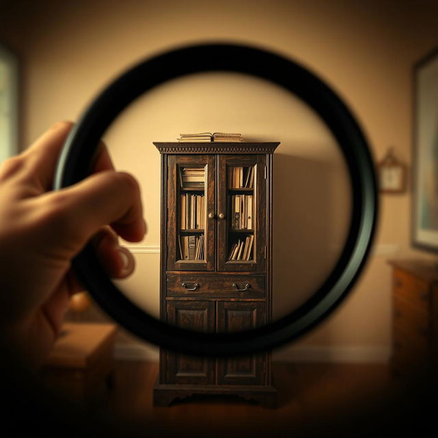 A captivating movie poster designed as if viewed through the lens of binoculars, showcasing a tall, vintage cabinet filled with assorted files