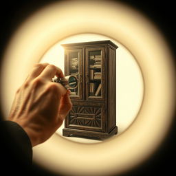 A captivating movie poster designed as if viewed through the lens of binoculars, showcasing a tall, vintage cabinet filled with assorted files