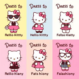 A series of charming illustrations featuring Hello Kitty in various stylish outfits, each representing a different fashion trend