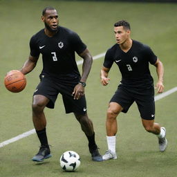 Athletic powerhouses, LeBron James and Cristiano Ronaldo, engaged in a friendly competitive game, with LeBron dribbling a basketball and Ronaldo controlling a soccer ball.