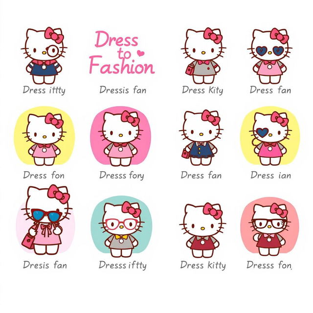 A series of charming illustrations featuring Hello Kitty in various stylish outfits, each representing a different fashion trend