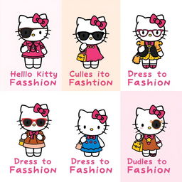 A series of charming illustrations featuring Hello Kitty in various stylish outfits, each representing a different fashion trend