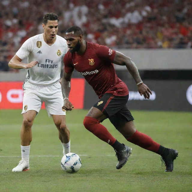 Athletic powerhouses, LeBron James and Cristiano Ronaldo, engaged in a friendly competitive game, with LeBron dribbling a basketball and Ronaldo controlling a soccer ball.