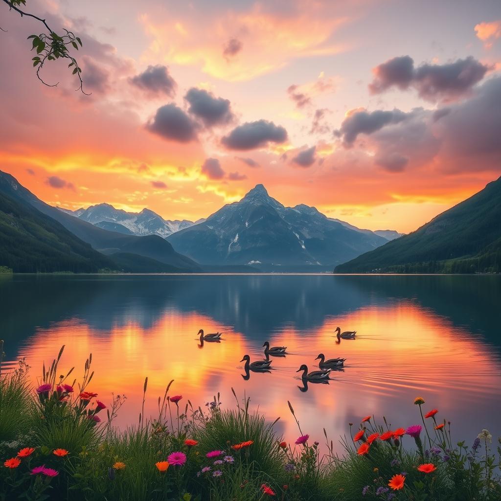 A beautiful, serene landscape featuring a tranquil lake surrounded by majestic mountains at sunset