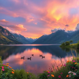 A beautiful, serene landscape featuring a tranquil lake surrounded by majestic mountains at sunset