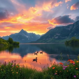 A beautiful, serene landscape featuring a tranquil lake surrounded by majestic mountains at sunset