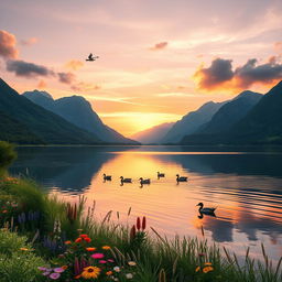 A beautiful, serene landscape featuring a tranquil lake surrounded by majestic mountains at sunset