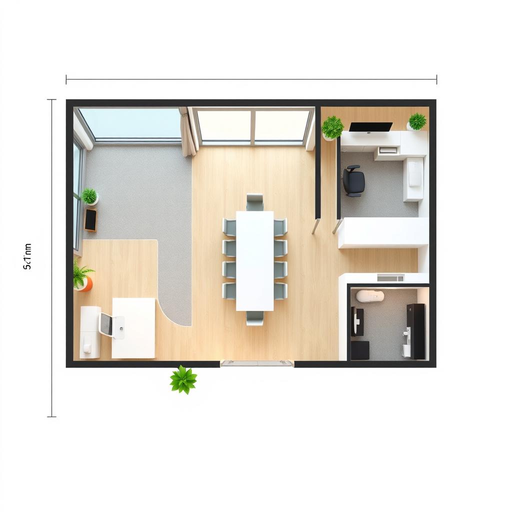 A detailed floor plan of a modern office space, featuring a spacious conference room, two separate offices, and a private bathroom within one of the offices