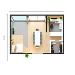 A detailed floor plan of a modern office space, featuring a spacious conference room, two separate offices, and a private bathroom within one of the offices