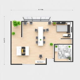 A detailed floor plan of a modern office space, featuring a spacious conference room, two separate offices, and a private bathroom within one of the offices