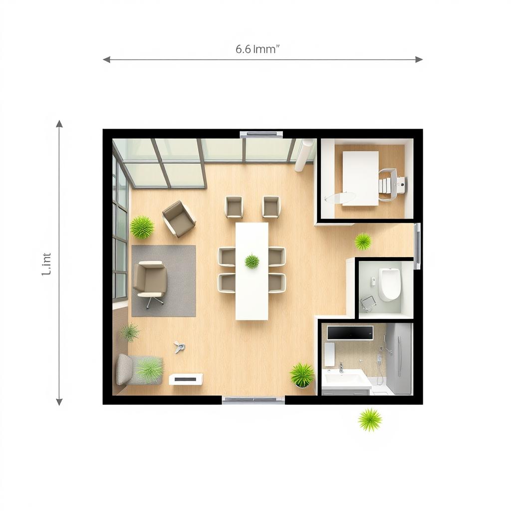 A detailed floor plan of a modern office space, featuring a spacious conference room, two separate offices, and a private bathroom within one of the offices