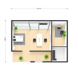 A detailed floor plan of a modern office space, featuring a spacious conference room, two separate offices, and a private bathroom within one of the offices