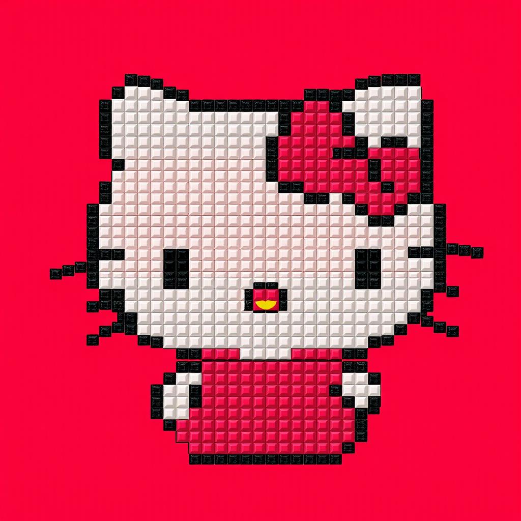 A detailed pixel art map of Hello Kitty, illustrating her recognizable features such as the red bow, black eyes, and pink dress in a grid format, making it easy to identify each pixel's color