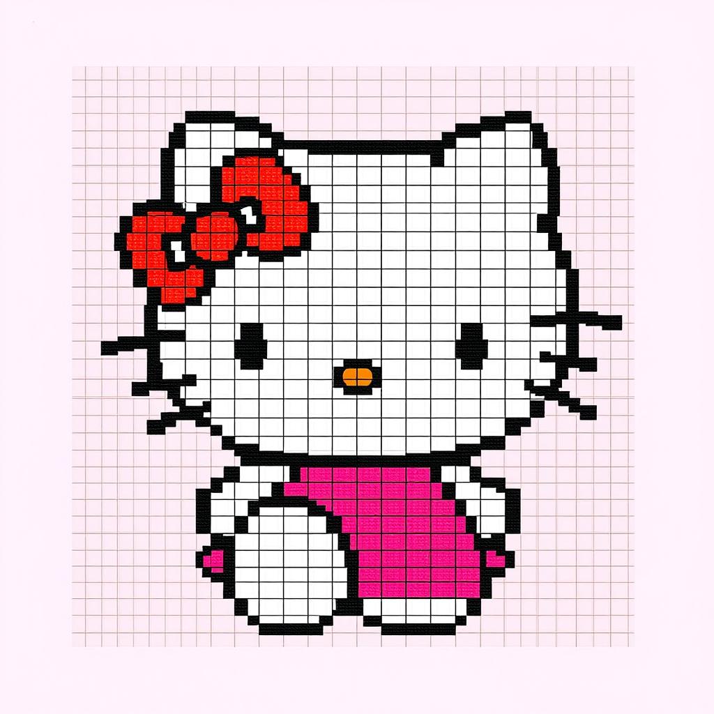 A detailed pixel art map of Hello Kitty, illustrating her recognizable features such as the red bow, black eyes, and pink dress in a grid format, making it easy to identify each pixel's color