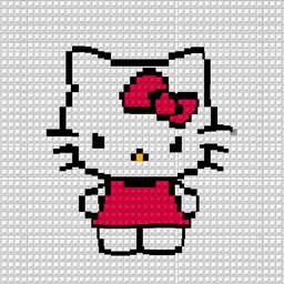 A detailed pixel art map of Hello Kitty, illustrating her recognizable features such as the red bow, black eyes, and pink dress in a grid format, making it easy to identify each pixel's color