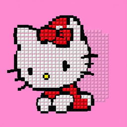 A detailed pixel art map of Hello Kitty, illustrating her recognizable features such as the red bow, black eyes, and pink dress in a grid format, making it easy to identify each pixel's color