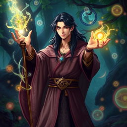 a male human sorcerer with long dark hair and a slight build, wearing ornate robes adorned with magical symbols