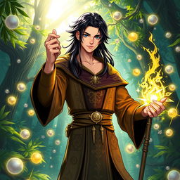 a male human sorcerer with long dark hair and a slight build, wearing ornate robes adorned with magical symbols