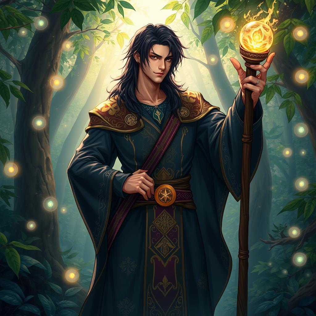 a male human sorcerer with long dark hair and a slight build, wearing ornate robes adorned with magical symbols