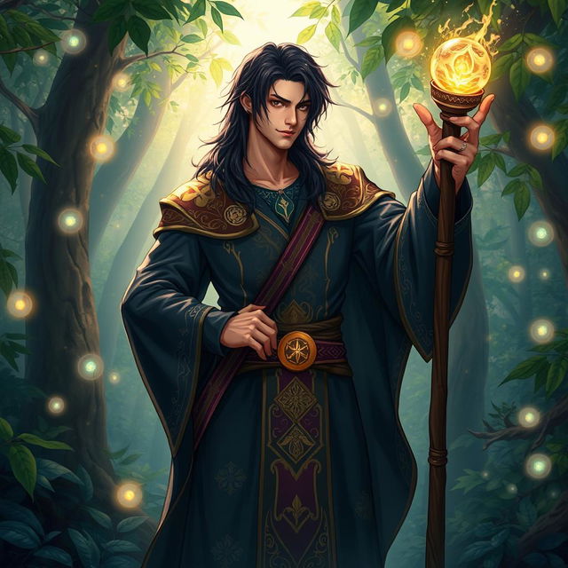 a male human sorcerer with long dark hair and a slight build, wearing ornate robes adorned with magical symbols