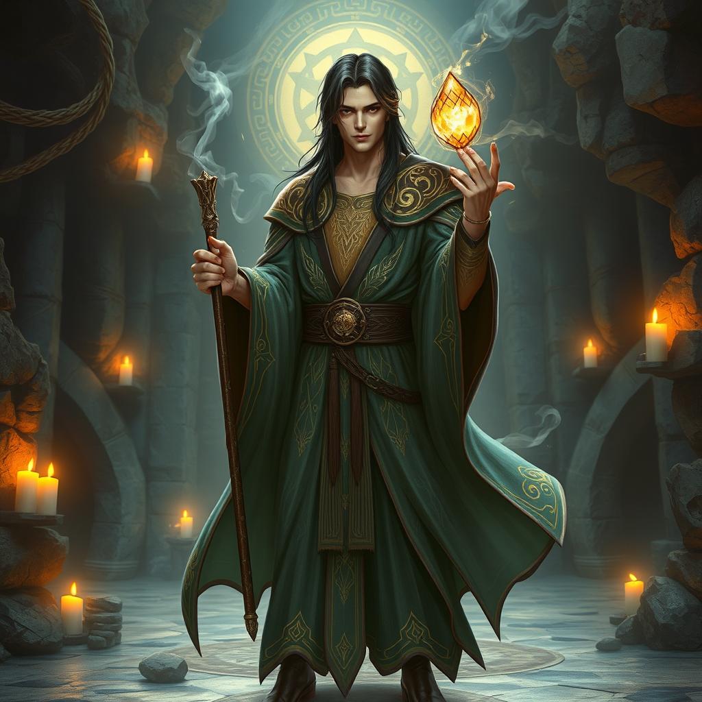 a male human sorcerer with long dark hair and a slight build, dressed in flowing, intricately designed robes that shimmer with mystical patterns